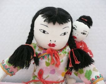Handmade Chinese Doll and Baby with Embroidered Faces, Possible Ada Lum