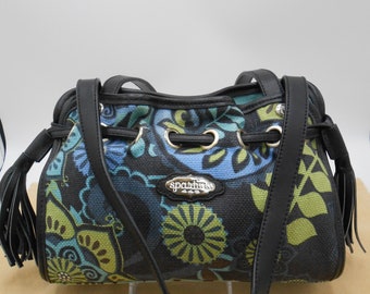 Vintage Spartina 449 Mod Black Blue Green Retro Flower Pattern Linen Drawstring Handbag, Made in the USA