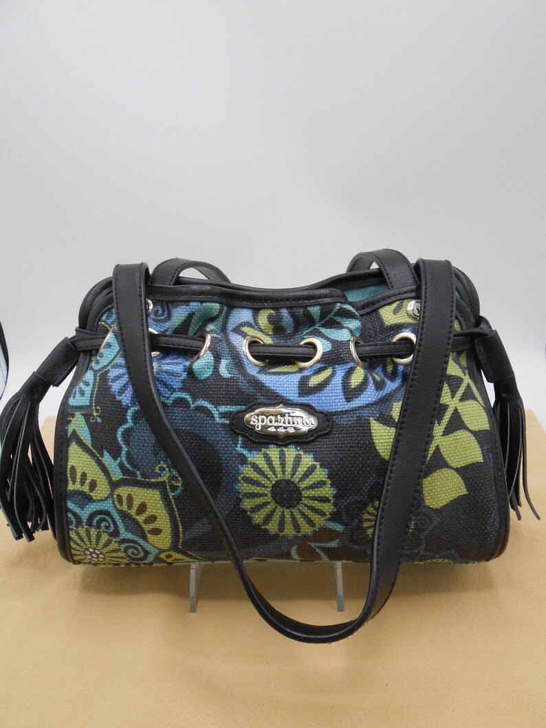 Made in the USA Vintage Spartina 449 Mod Black Blue Green Retro Flower Pattern Linen Drawstring Handbag