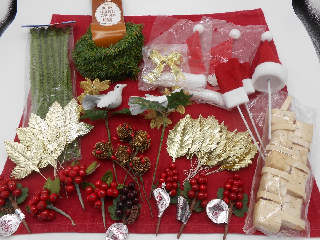 LARGE Assortment New Vintage Christmas Floral Picks, Gold Foil Leaves