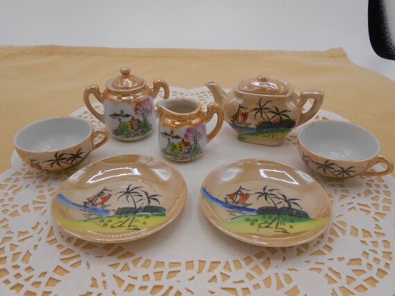 Child's Hand Painted Lusterware Tea Set, Miniature Mid Child's Hand Painted Lusterware Tea Set, Miniature Mid