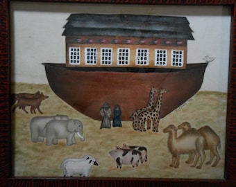 Framed Noah's Ark Theorem Painting on Velvet by D. Obee, Biblical Story Art, Nursery Art