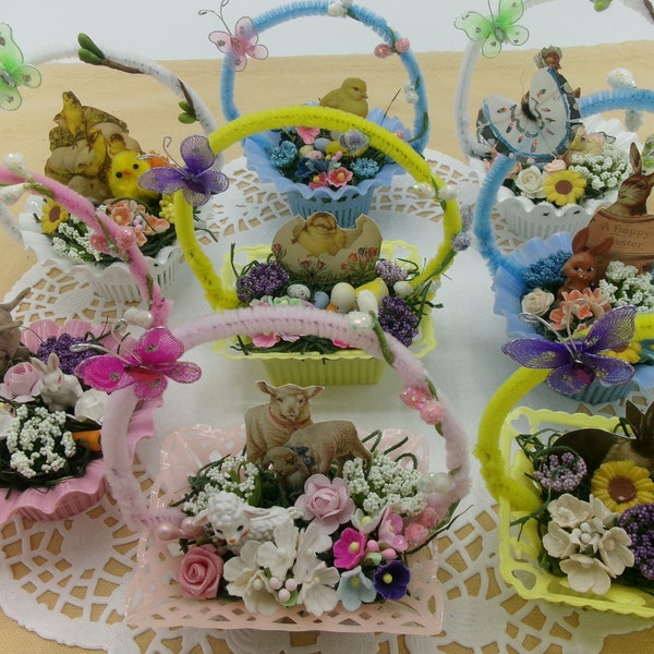 Vintage Style Candy Nut Cup Easter Diorama, Easter Feather Tree Ornament, Easter Basket Filler, Miniature Easter Arrangement