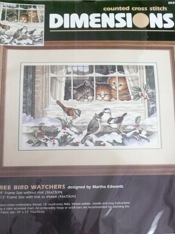 New in Package Kittens and Birds Cross Stitch Kit Counted Cross Stitch Kit Three Bird Watchers Dimensions #3839