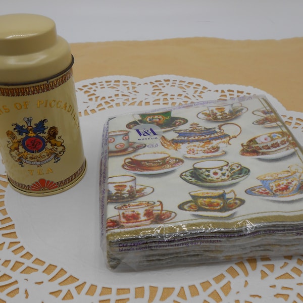 Teacups and Saucers Paper Napkins from Victoria and Albert Museum London, Jacksons of Piccadilly English Tea Tin