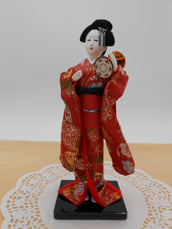 Japanese Geisha Doll With Drum, Red Brocade Kimono, International