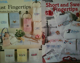 TWO Leisure Arts Fingertip Towels Counted Cross Stitch Brochures, Leisure Arts "Just Fingertips" 485 and "Short and Sweet Fingertips" #2444