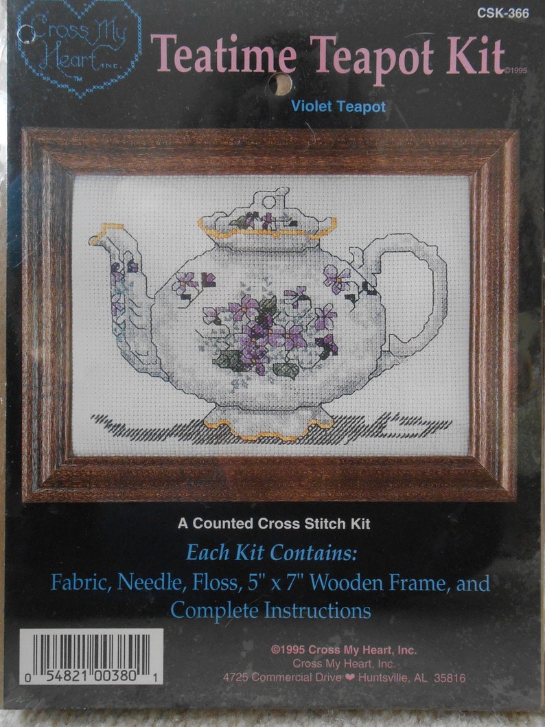 Set of TWO New in Package Rose Bouquet Teapot Cross My Heart Counted Cross Stitch Teapot Kit Teatime Teapot Kit Violet Teapot