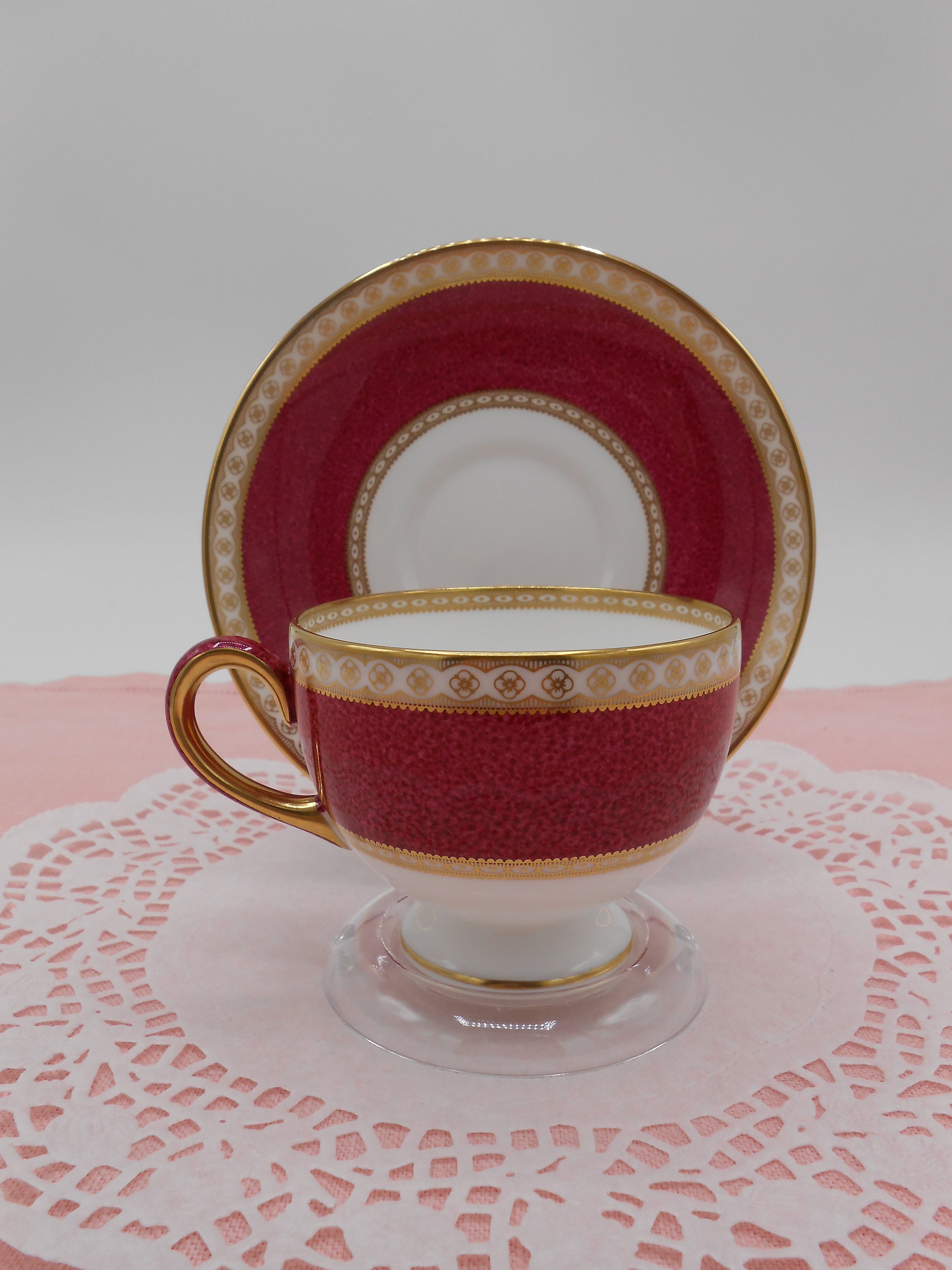 Wedgwood Ulander Powder Ruby Footed Teacup and Saucer Wedgwood Ulander Powder Ruby Footed Teacup and Saucer