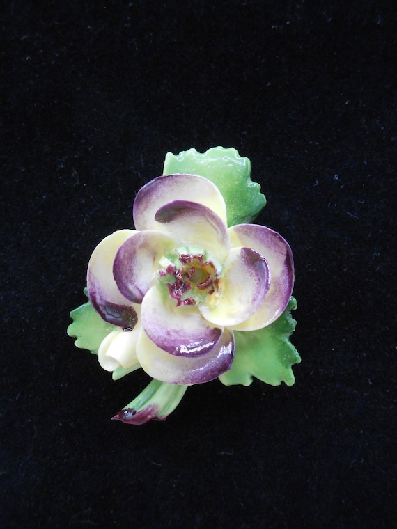 Cara China Yellow and Purple Pansy Brooch, China Flower Pin, Staffordshire China Floral Brooch, Staffordshire China Pansy Brooch
