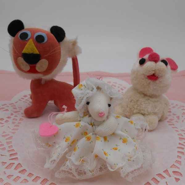 REDUCED - Small Dakin Dream Pets (?) Lion Ornament, Fun & Fancy Pom Pom Rabbit, Russ Berrie Mini Dress Country Mouse Ornament