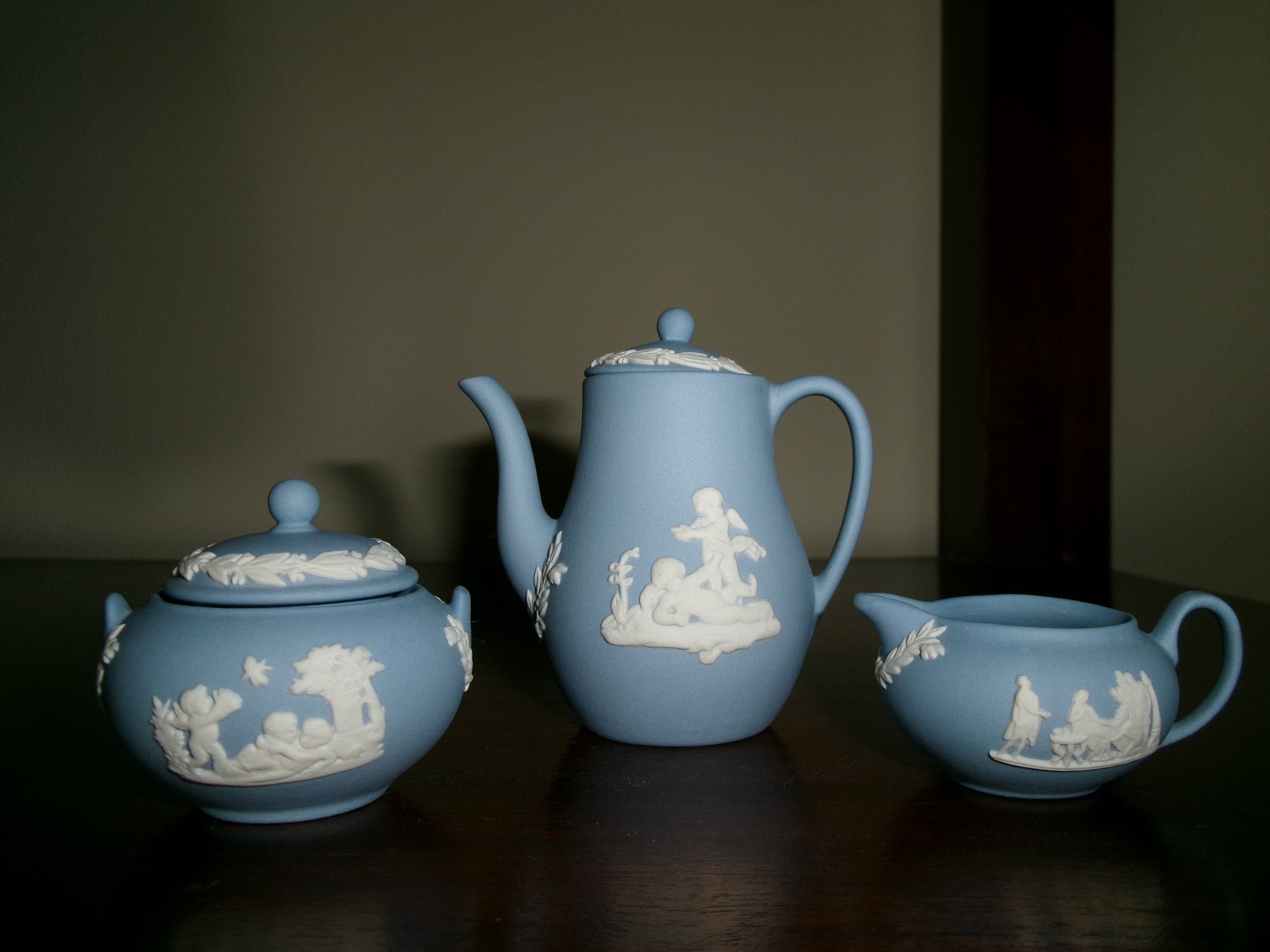 Miniature Wedgwood Blue Jasperware Coffee Pot, Creamer and Sugar 