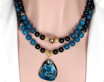 Bold Blue Apatite Black Onyx Gemstone Necklace with Blue Black Fire Agate Pendant Gift for Her Gemstones Big Bold Bead Necklace