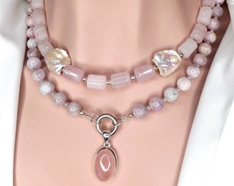 Pearl Kunzite Moonstone, Rose Quartz, Rose Quartz Madagascar, Big Bold Necklace, Gemstone Silver Necklace Mother's Day Gift Gift for Her