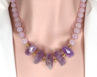 Natural Amethyst & Lavender Jade Necklace - Big Bold Statement Jewelry, Chunky Amethyst, Purple, Unique Gift for Her - Purple Pink Gemstones