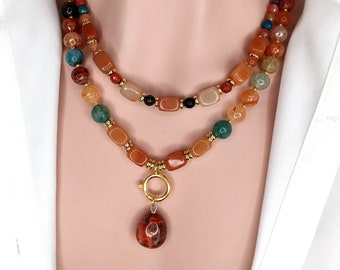 Bold Gemstone Bead Orange Necklace Fire Agate and Brecciated Jasper Pendant Unique Mothe's Day Gift Idea Bead Necklace Big Bold Gift for Her