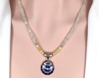 Moonstone, Navy Blue Topaz, Blue Yellow Murano Pendant and Yellow Opal Gemstone Necklace Beaded Necklace Mother's Day Gift