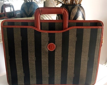 3 DAY SALE 30OFF Fendi Briefcase Black & Khaki Tan Vintage Briefcase Computer Case Handbag Bag 100% Authentic 2140-10370-018
