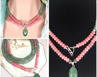 Green Aventurine Gemstone Necklace and Pink Jade Gemstone Long Wrap Necklace - One of a Kind Gift for Her Mother's Day Gift Anniversary Gift