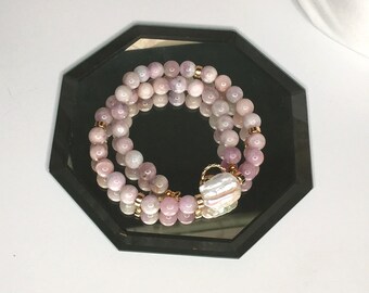 Ashira Statement Necklace Freshwater Focal Pearl, Genuine Natural Kunzite 14K Gold Filled Beads & Toggle, 18" Long