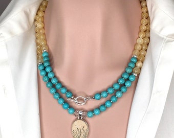 Yellow Calcite Turquoise Blue Gemstone Bead Long Wrap Necklace with Limestone Dendrite Pendant Gift for Her Mother's Day gift Anniversary