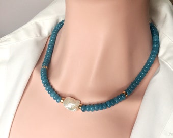 Pearl Blue Jean Blue Jade Gemstones, Gold Filled Beads & Toggle, 18" Long