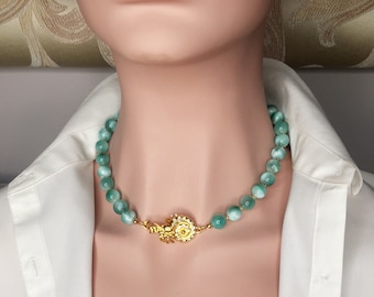 Natural Green Larimar Gold Magnetic Front Closure CZ Gold Clasp Statement Necklace Gift for Her Mother Sister