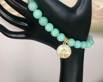 Bracelet en or massif à breloques en amazonite véritable 8 mm Cadeau pour elle Cadeau fête des Mères Cadeau pour elle Bijoux pour femme