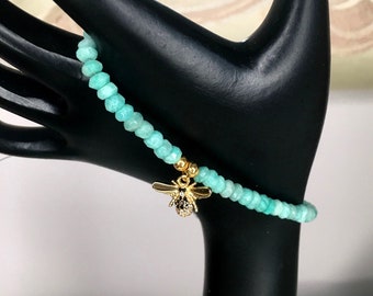 Dainty Amazonite Bracelet with Bee Charm - Aqua Blue Gemstone Jewelry Amazonite 4mm Beaded Dainty Beaded Bee Charm Gemstone Gift for Her