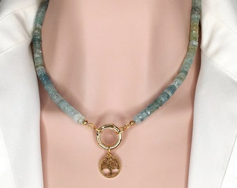 Rainbow CZ Charm Holder Aquamarine Gemstone Beaded Necklace - Beaded Jewelry Aquamarine Natural Gemstones Bead Necklace Gift for Her