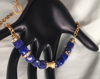 Genuine High Quality Blue Lapis Lazuli Gemstone Beaded Necklace Gold Vermeil Focal Station, Gold Chain Toggle Mother's Day Gift Gift for Her