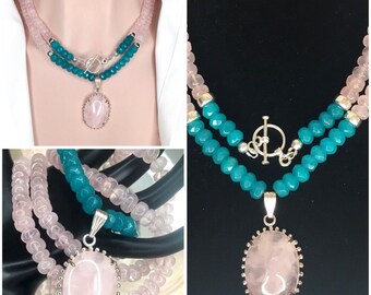 Pink Rose Quartz, Turquoise Bue Jade Bead Gemstone Long Wrap Necklace with Rose Quartz Pendant One of a Kind Gift for Her Mother's Day Gift