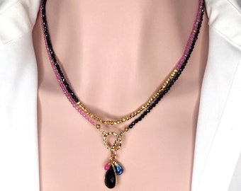 Pink Tourmaline, Black Spinel and Charms wrap Necklace Bold Layered Necklace - One of a Kind Gift for Her Mother's Day Gift