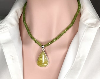 Green Peridot Gemstone Beaded Necklace Natural Australian Prehnite 925 Sterling Silver Pendant Mother's Day Gift Gift for Her