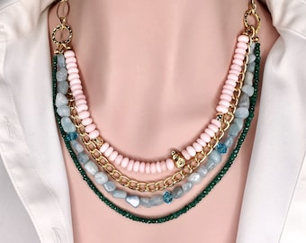 Pink Opals, Aquamarine, Emeralds Gold Chain Gift for Her, Anniversaryv Layered Statement Necklace Bib Necklace Mother's Day Gift