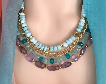 Larimar, Jade, Gold Chain, Amethyst Gift for Her, Anniversary Gift Mother's Day Gift Layered  Beaded Statement Necklace Gift for Her