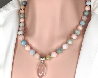 Morganite Pink Blue Lavender Gemstone Necklace Rose Quartz Pendant Bead Green Blue Pink Purple Beaded Necklace Gift for Her