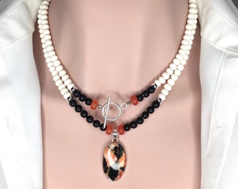 White Bone, Orange Jade, Black Onyx Long Wrap Statement Necklace Wear Shorter Wear with Orange & Black Calcite Pendant Gift for Her