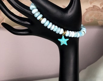 Bracelet à breloques en larimar dominicain naturel AAA 8 mm Rondelle en larimar bleu véritable Cadeau pour la fête des Mères