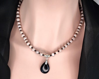 Moonstone Mystic Black Spinel Onyx Pendant Statement Beaded Necklace Gift for Her Mother Sister