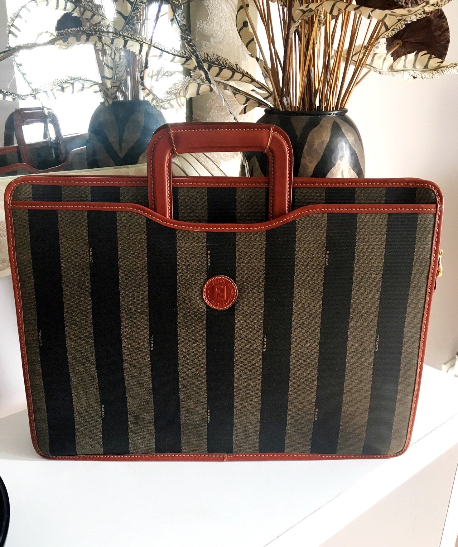 Vintage Fendi gorgeous leather rare stripe speedy handbag shopper work bag  #49