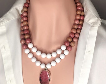 Rhodonite Rhodochrosite Gemstones with Rhodonite Pendant in 925 Sterling Silver Beaded Statement Necklace Natural  Gift for Her Mother