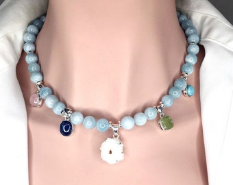 Aquamarine Gemstone Charm Necklace - Beaded Statement Jewelry for Her - Mother's Day Gift Statement Necklace Gift for Her Mother's Day Gift