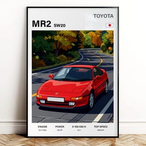 May include: A framed print featuring a red Toyota MR2 SW20 car driving on a winding road through a colorful autumn forest. The print includes the Toyota logo, Japanese flag, and specifications: 2.0 L Turbo engine, 242 HP, 0-62 mph in 5.2 seconds, and a top speed of 154 mph.