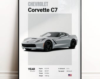 Poster Chevrolet Corvette C7 / Decorazione murale / Poster auto / Arte per amanti delle auto / Decorazione di quadri