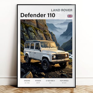 May include: A framed print of a white Land Rover Defender 110, set against a mountain landscape. The print displays the text "Defender 110" and details: 3.0L Turbo engine, 395 HP, 0-100 km/h in 6.1s, and a top speed of 191 km/h.
