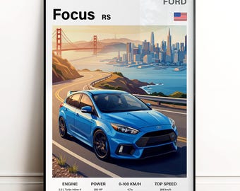 Poster Ford Focus RS Sport Hatchback / Decorazione murale / Poster auto / Arte per amanti delle auto / Decorazione fotografica