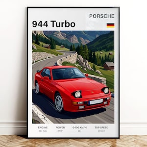 May include: A framed print featuring a red Porsche 944 Turbo driving on a winding mountain road. The print includes the text "944 Turbo" and specifications: 2.5 L Turbo engine, 217 HP, 0-100 km/h in 6.3 seconds, and a top speed of 245 km/h.
