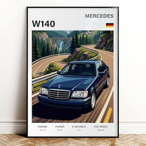 Puede incluir: Impresión enmarcada de un Mercedes W140 azul oscuro en una carretera de montaña. La impresión incluye el texto "MERCEDES" y "W140", además de las especificaciones del motor. La velocidad máxima del coche es de 250 km/h.