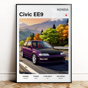 May include: A framed print featuring a purple Honda Civic EE9 car illustration. The car is depicted on a road with a mountain and autumn foliage background. The print includes the Honda logo, Japanese flag, and specifications: 1.6L VTEC engine, 150 HP, 0-100 km/h in 8.3s, and a top speed of 208 km/h.